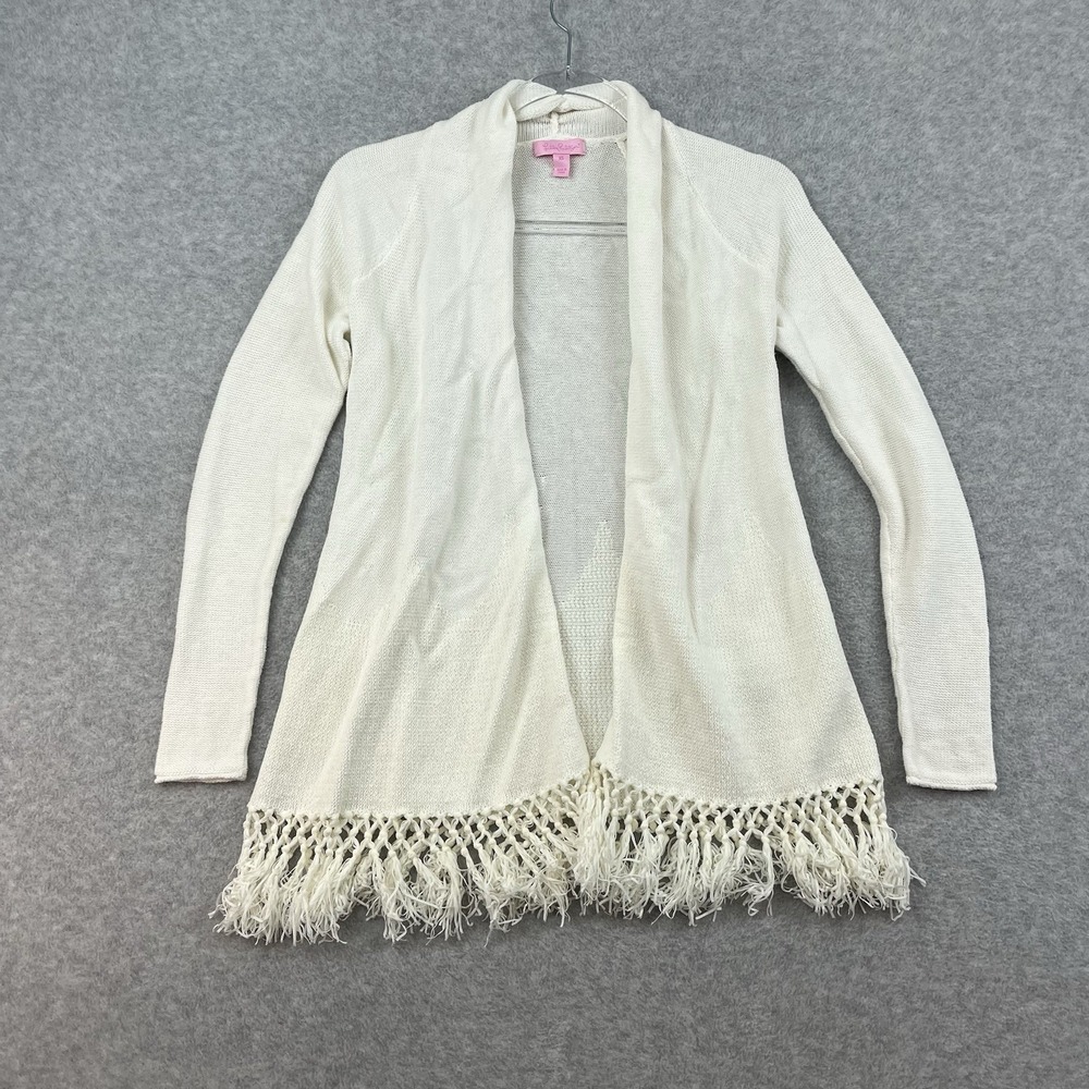 Lily Pulitzer Long Open Cardigan Fringe Size XS Cotton Flowy Classy Preppy Clean